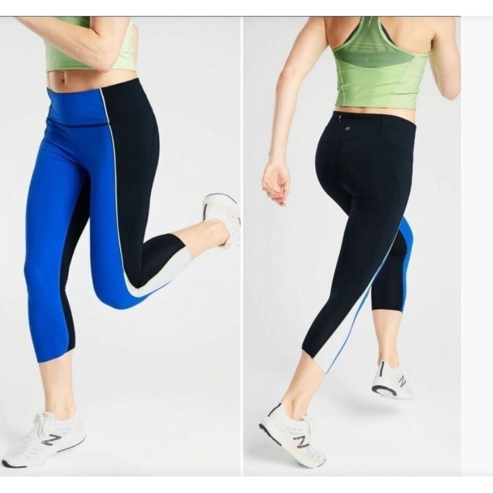 ATHLETA Tanzanite Blue VELOCITY COLORBLOCK CAPRI Stash Pocket Leggings S 457496
